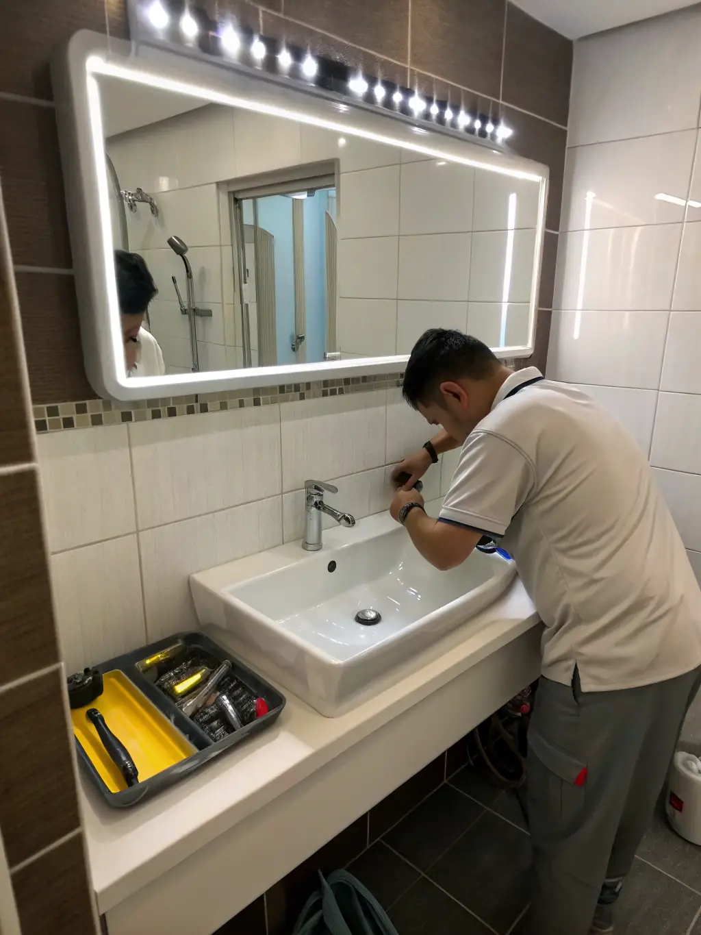 A professional installing a modern bathroom sink with precision and care, representing Arco Plumbing's installation services.