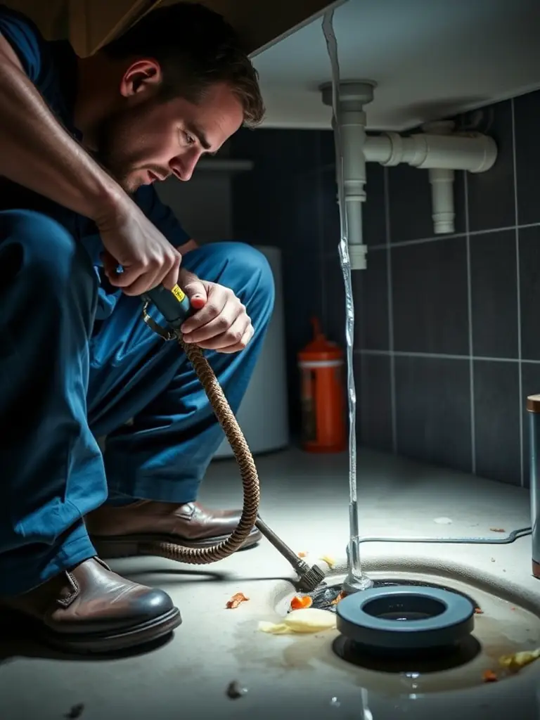A plumber unclogging a drain with specialized tools, highlighting Arco Plumbing's expertise in drain cleaning.