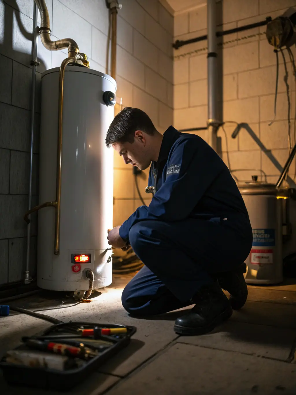 A technician inspecting a water heater with tools in hand, ensuring optimal operation for Arco Plumbing's maintenance service.